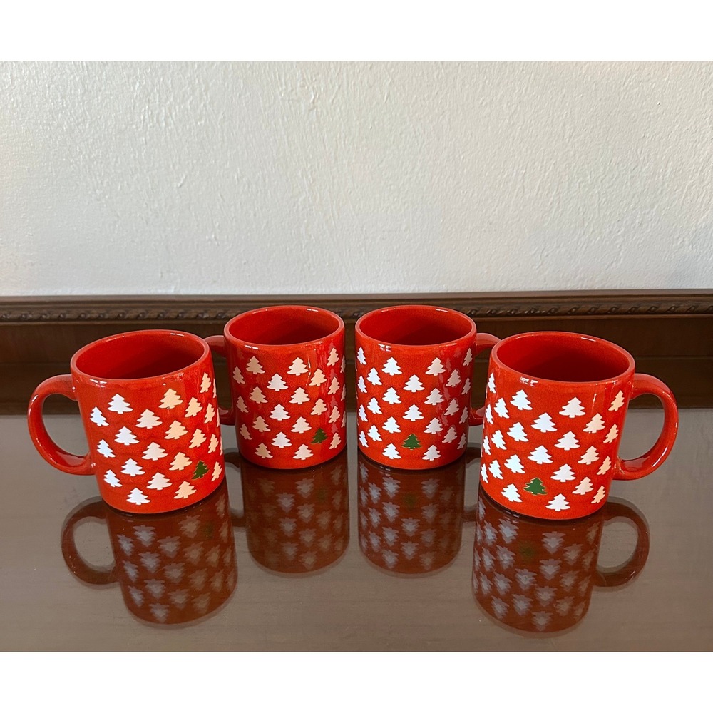 Vintage Waechtersbach West Germany Christmas Tree Mugs Red Set of 4 Holiday
